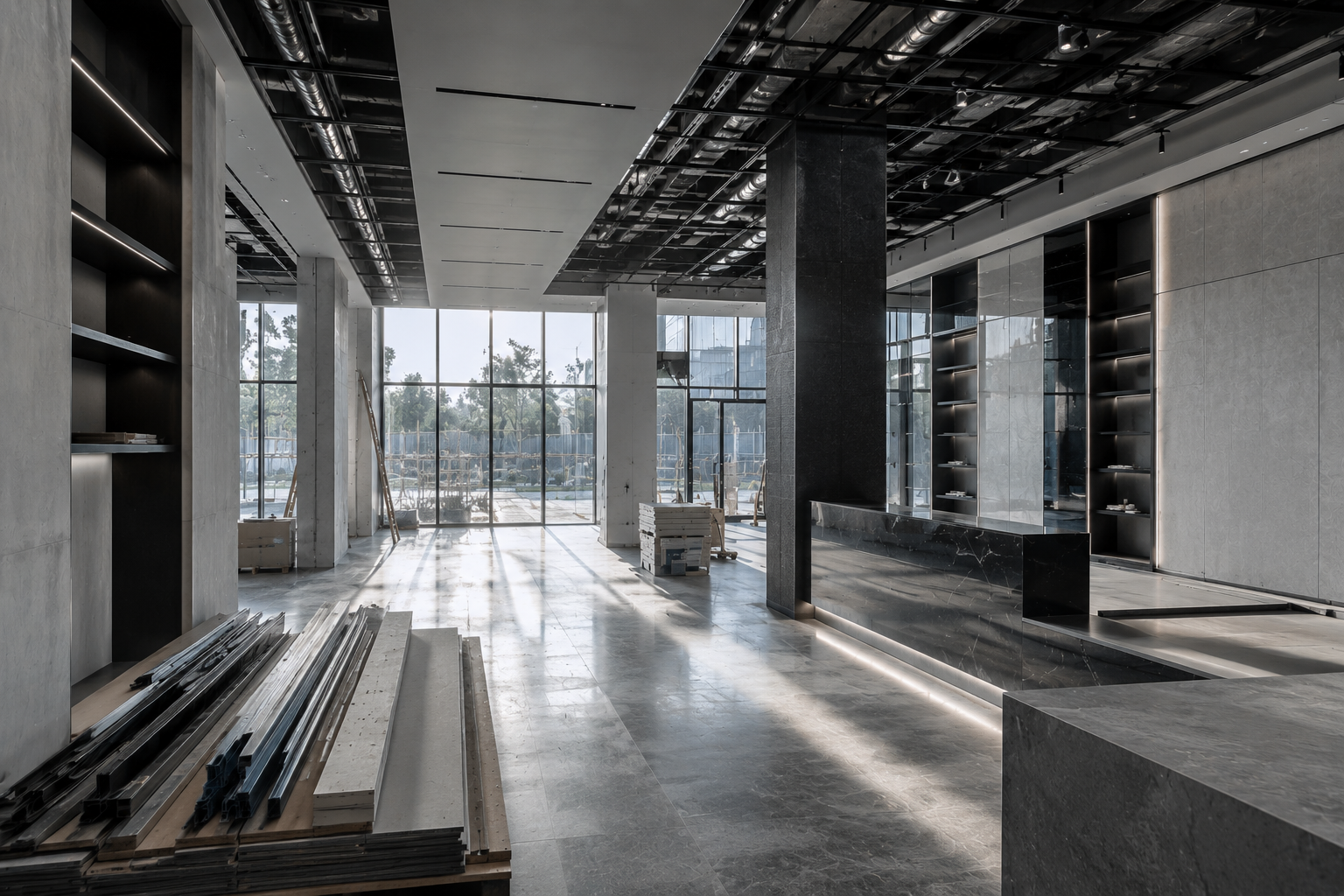 Interior arquitectónico contemporáneo con amplios ventanales y materiales nobles